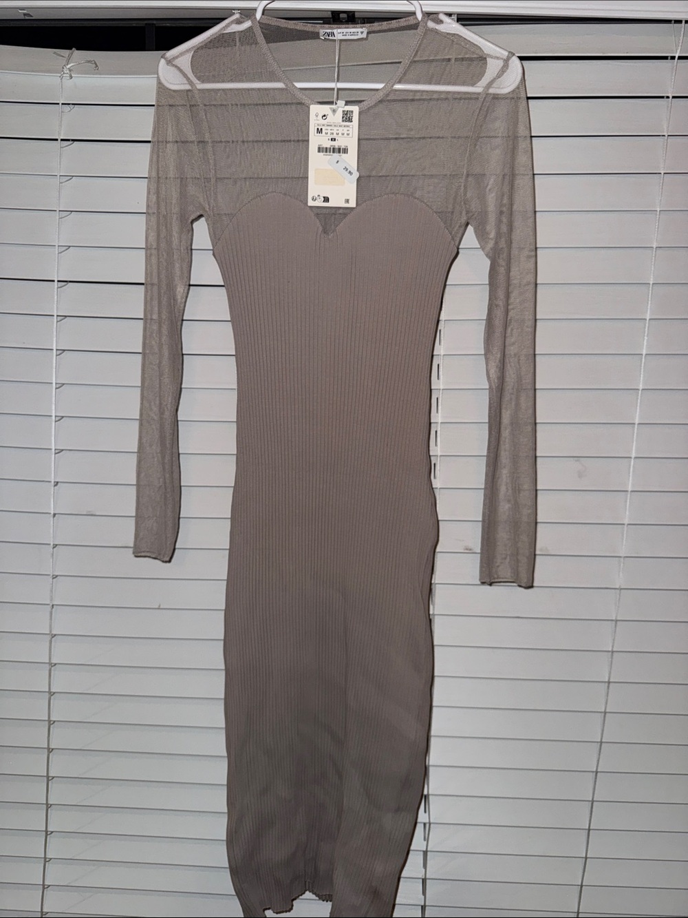 Zara Taupe Ribbed Midi Dress with Sheer Long Sleeves - Picture 3 of 6